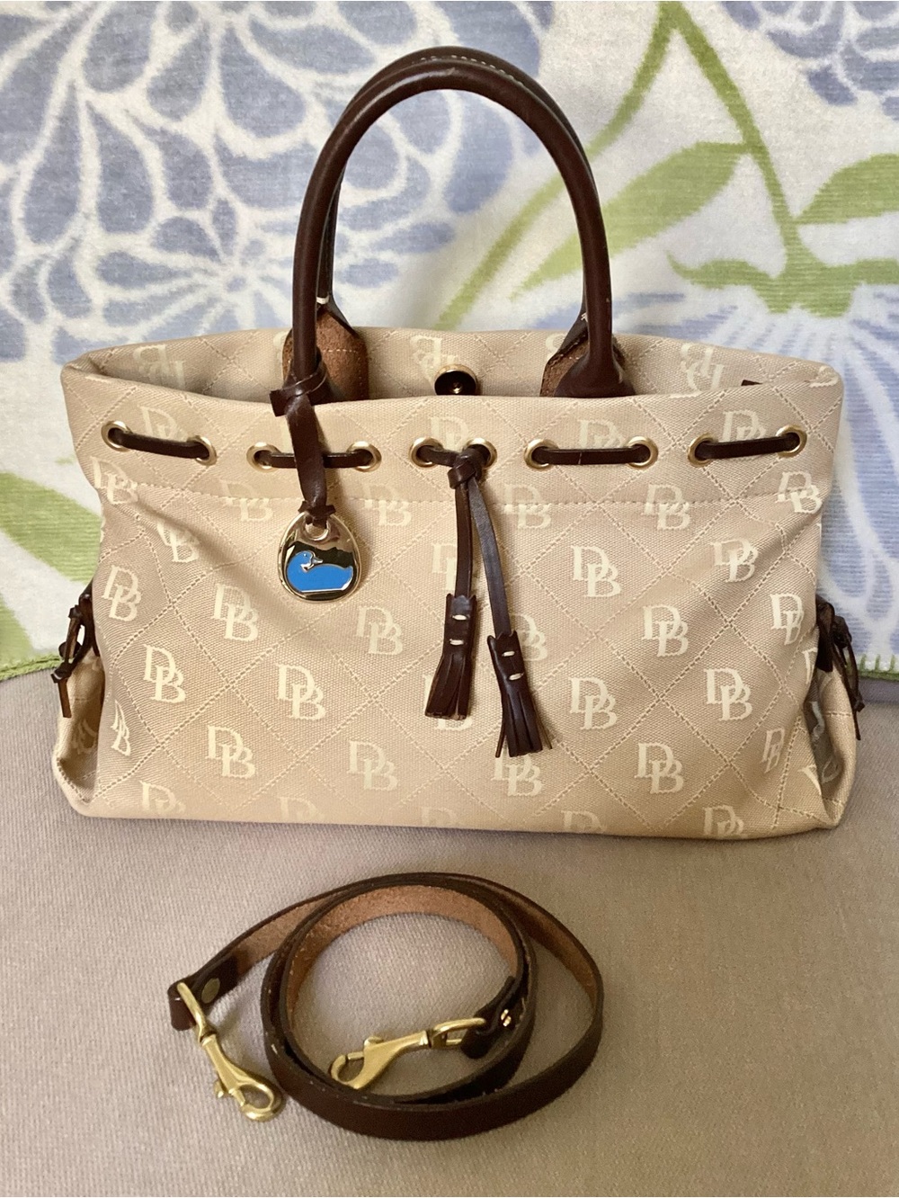 Dooney & Bourke Beige Logo Satchel with Dark Brown Trim